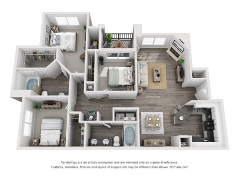 Floor plan for 3 beds, 2 baths, 1363 sqft